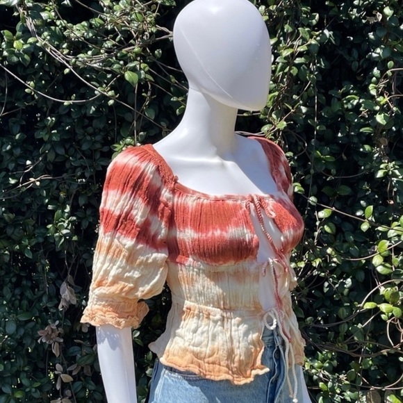 NWT JEN’S Pirate Booty Boho Cotton Gauze Fire Tie Dye Tie Front Blouse - Picture 5 of 13